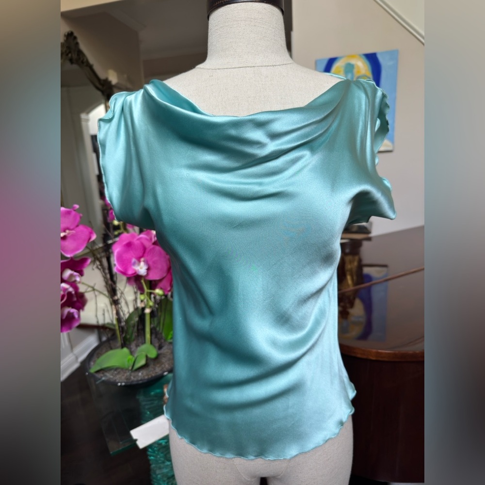 Trina Turk Drapey Aqua Blue Silk Blouse